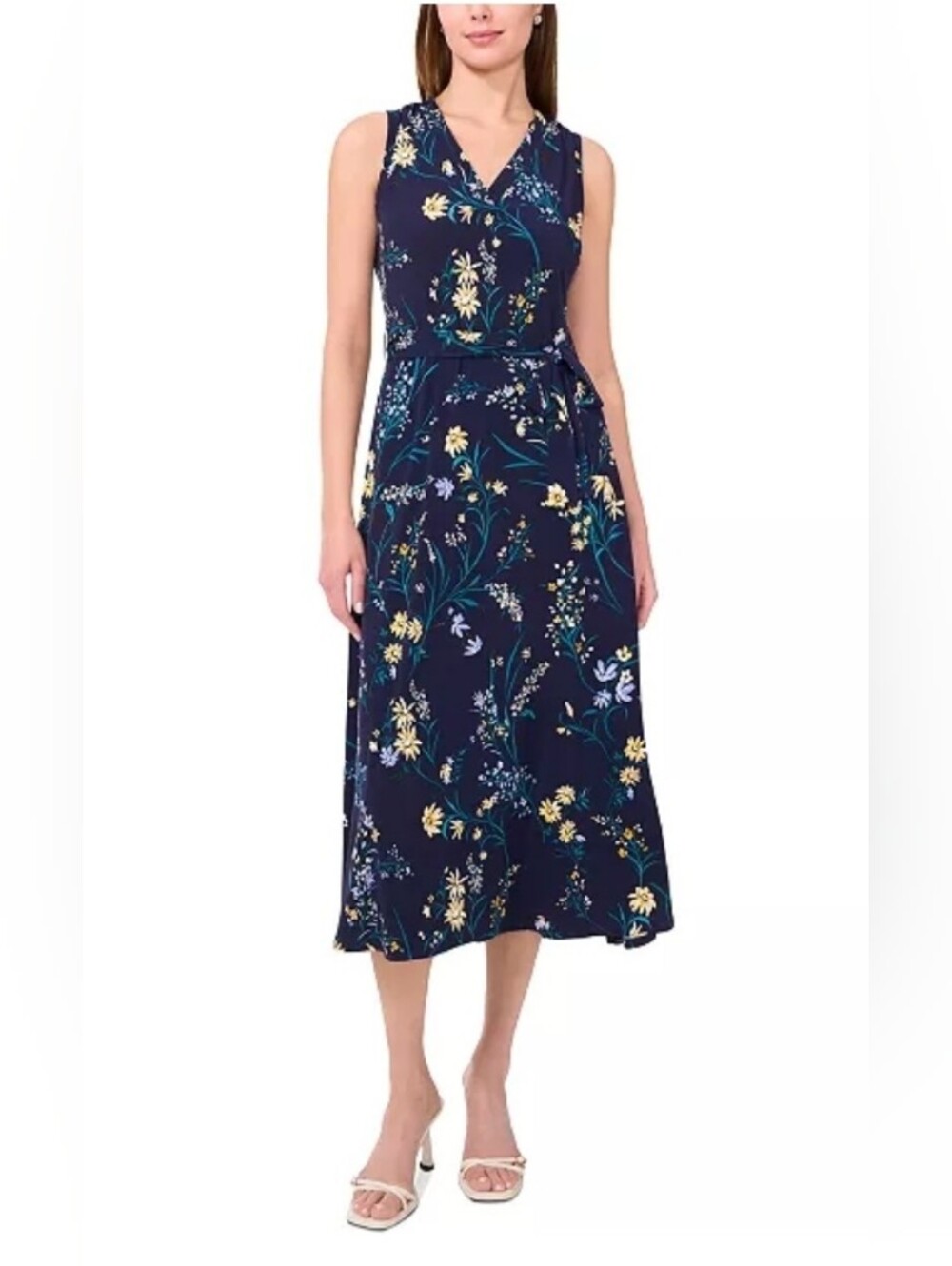 Sam & Jess Women's Printed V-Neck Tie-Waist Midi Dress Size Large NWT